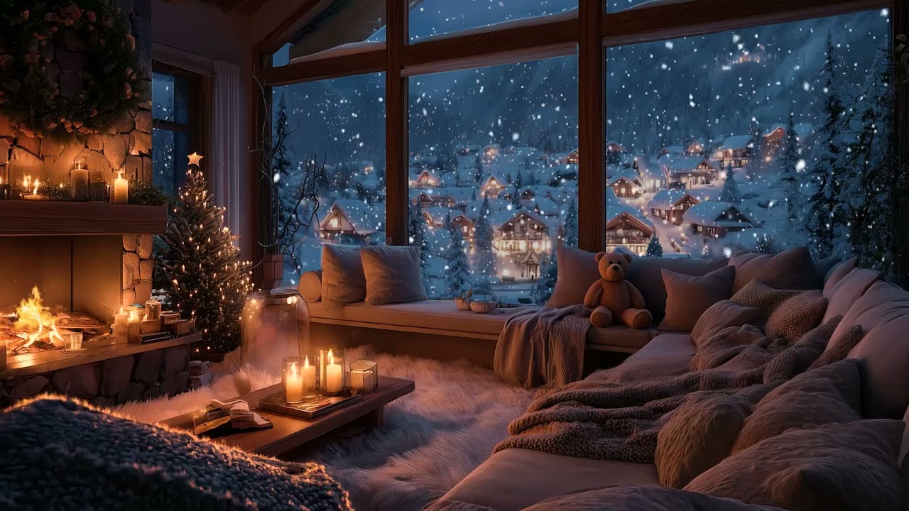 Snowy Holiday Fireplace Ambience ❄️ Cozy Piano Music for Deep Sleep & Stress Relief