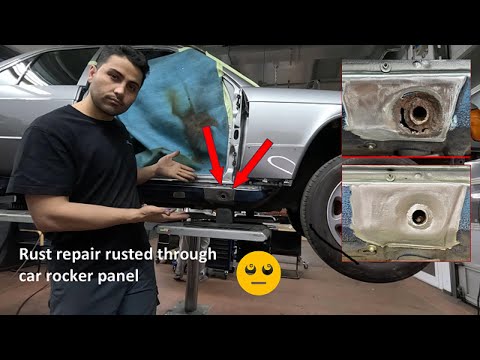 Rust repair rusted through car rocker panel , Rostreparatur verrostet durch den Schweller des Autos