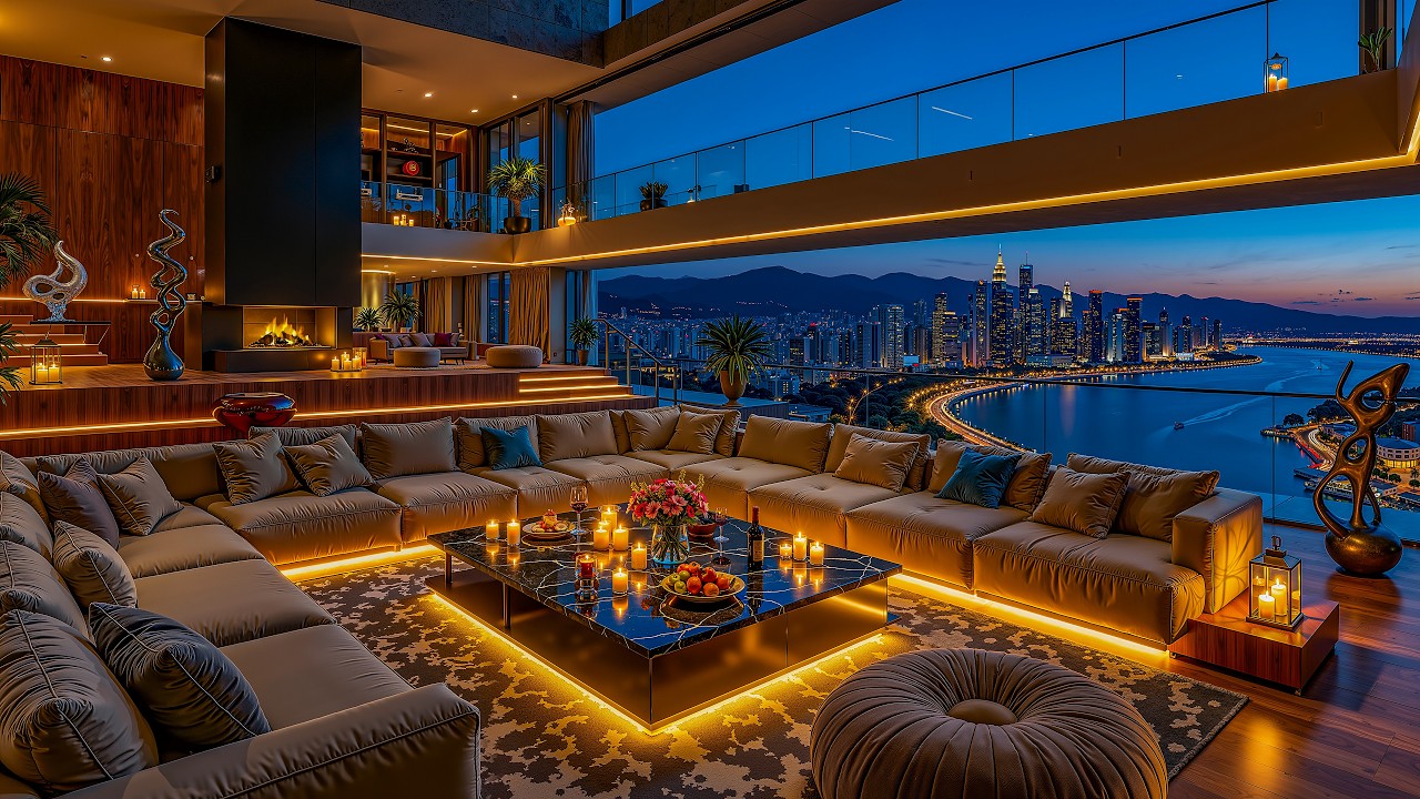 Relaxing Beachside Sunset Jazz | Luxury Apartment with Soft Jazz & Fireplace Ambience for Unwinding