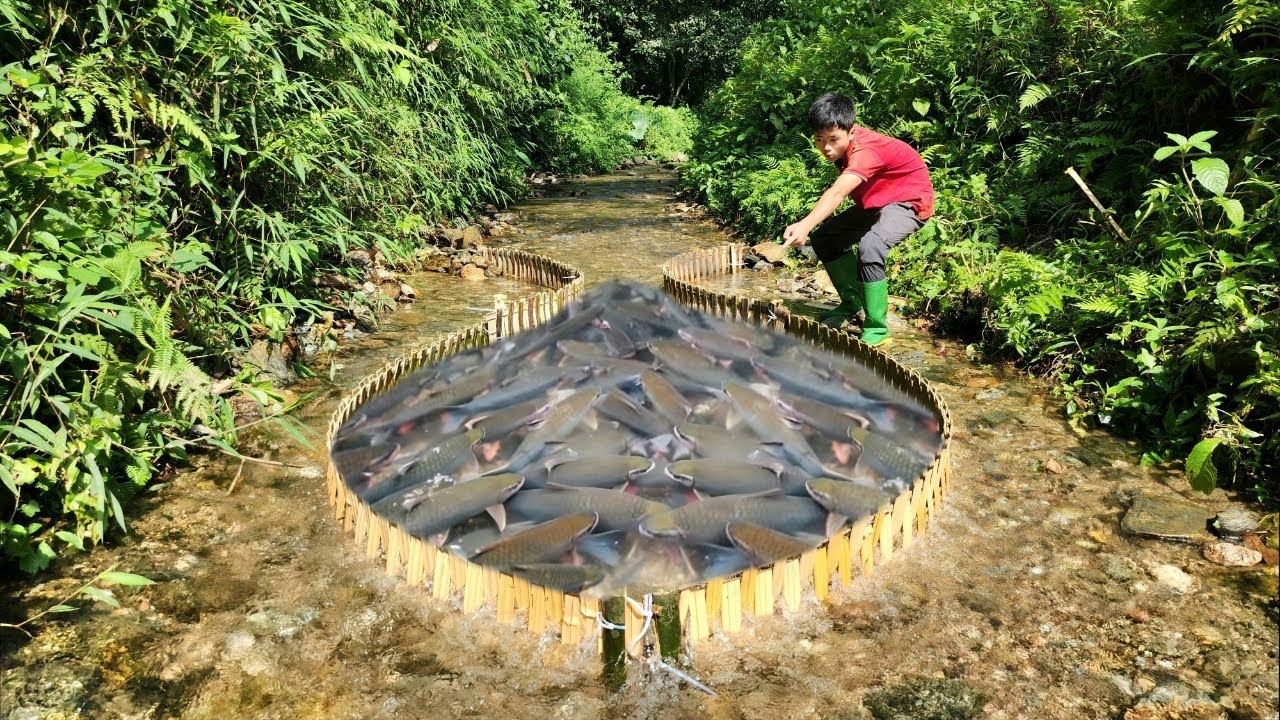 The boy skillfully wove bamboo to make a fish trap in the stream. And ...