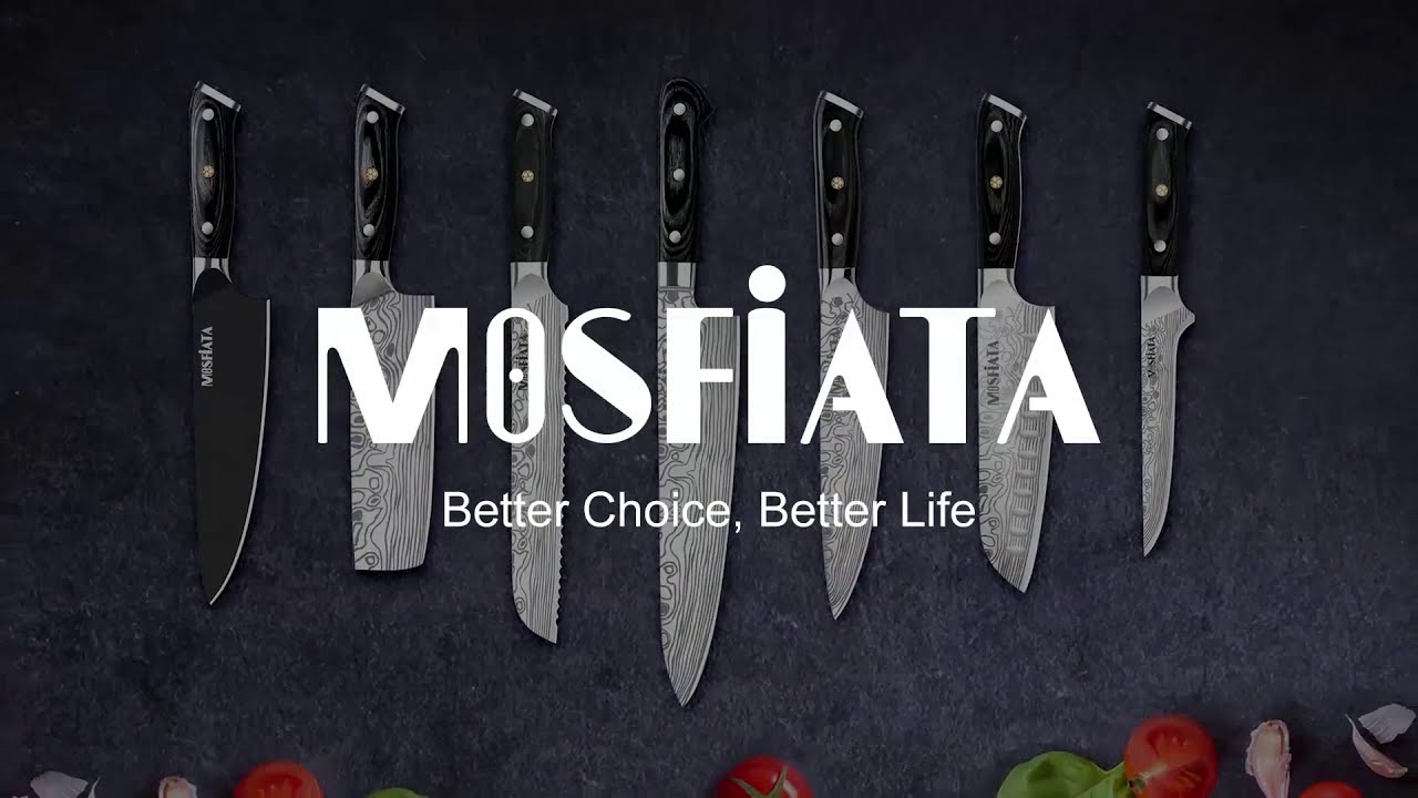 MOSFiATA 8” - Super Sharp Titanium Plated Chef's Knife with Finger Guard  and Knife Sharpener GiftBox 