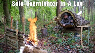 Solo Overnighter in a Hollow Log  felling a tree for fire wood, spit roast beef
