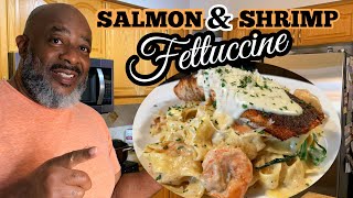 How to make Blackened Salmon & Shrimp Fettuccini! (Oven Style & EASY!) | Deddy's Kitchen