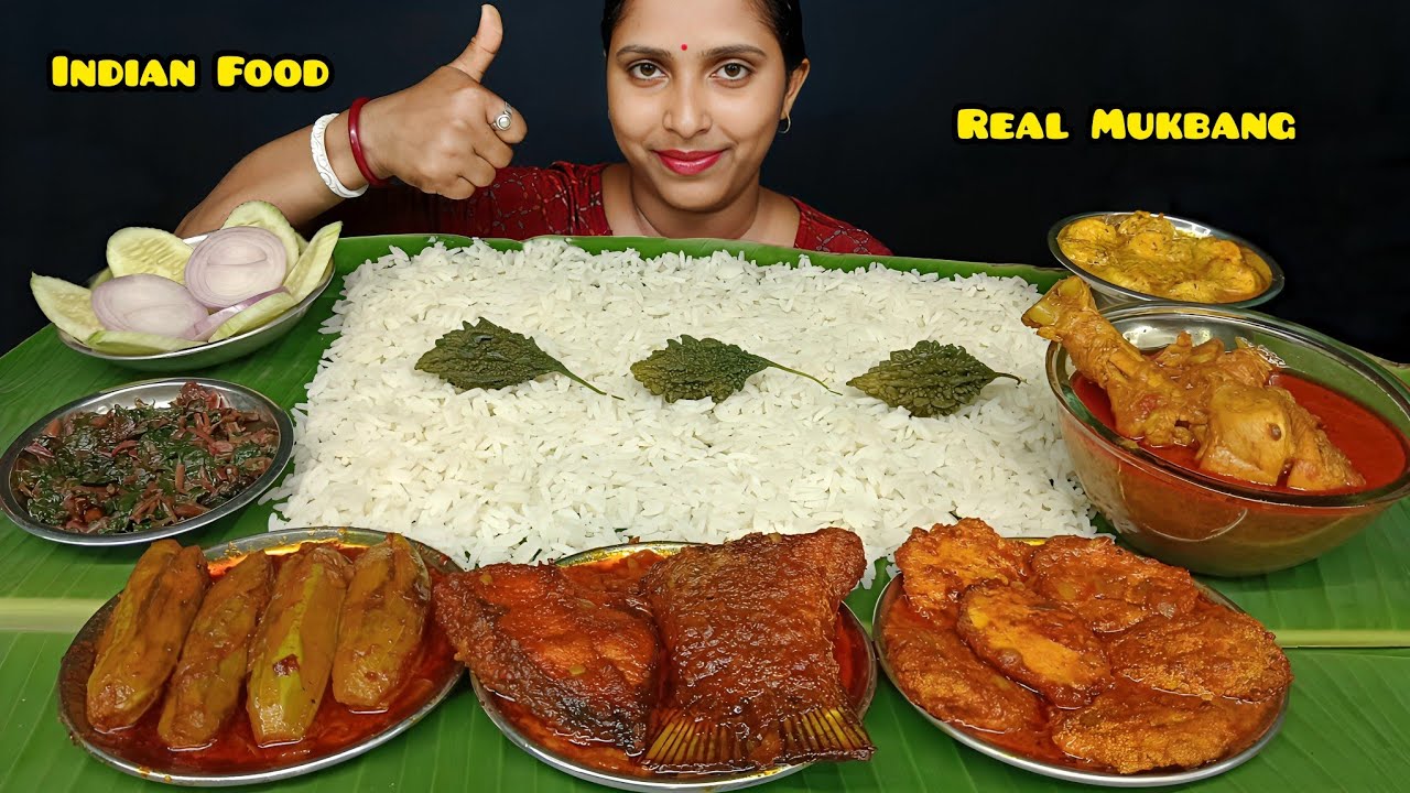 ASMR Eating: Chicken Curry, Fish Curry, Fish Egg Pakora Curry, Potol Korma, Shorshe Chingri, Rice