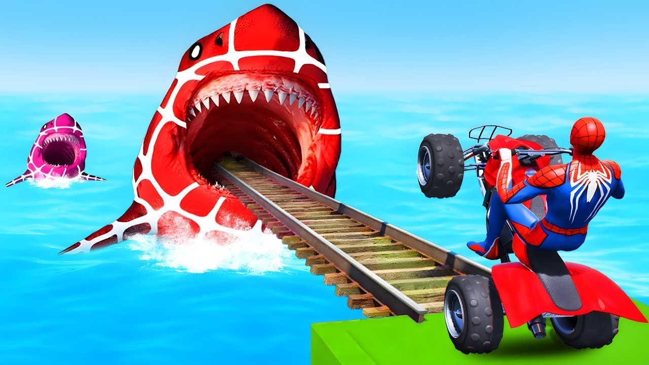 سبايدر مان اصعب دراجة نارية فوق اسماك القرش Superheroes Ride on Motorcycle Stunt Funny Moments
