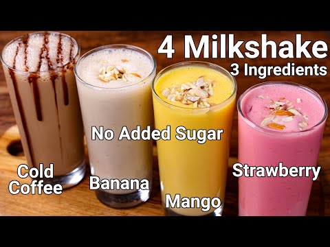 No Sugar 2 Mins Milkshake Recipes - 4 Ways | Quick & Easy Perfect Homemade Thick Summer Milkshakes | Hebbar | Hebbars Kitchen