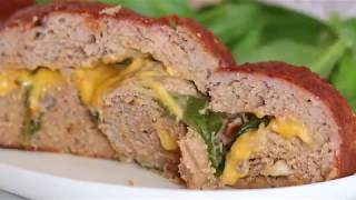 The best tasting, moist turkey meatloaf stuffed with cheddar cheese,
spinach and rolled, jelly roll style topped a ketchup based glaze.
print: https://w...