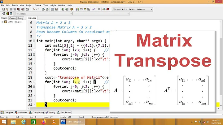 transpose of matrix in c++ | cpp programming video tutorial