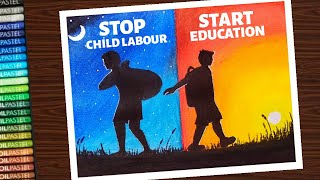 Stop child labour start education poster drawing with oil pastel - step by step