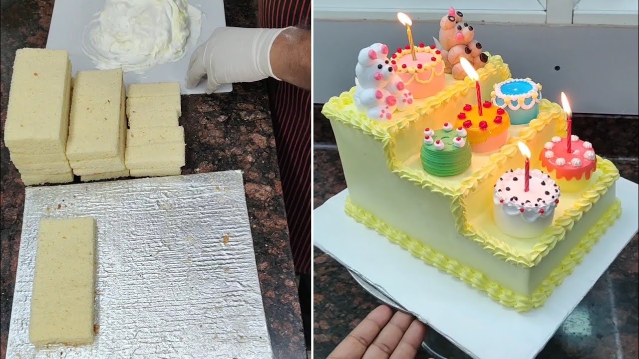 Multi-Layer Mini Celebration Cake with Cute Teddy Toppers & Colorful Candle Treats