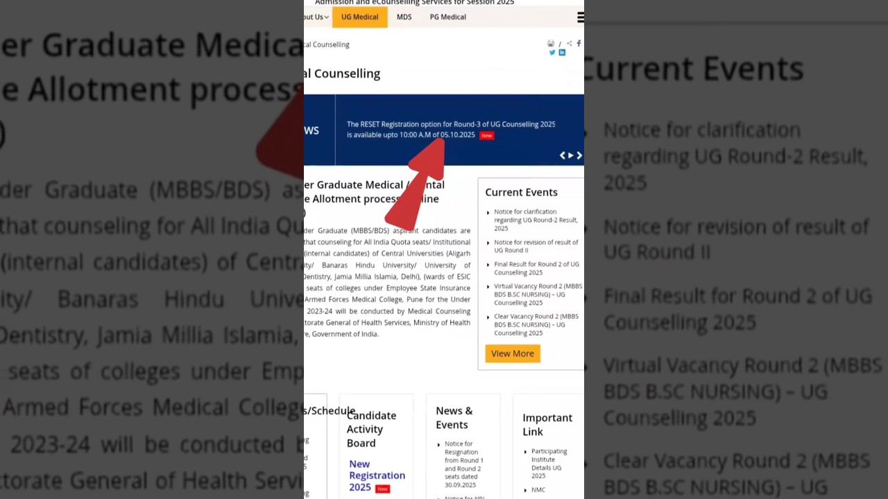 RESET Registration option for Round-3 of UG Counselling 2025 