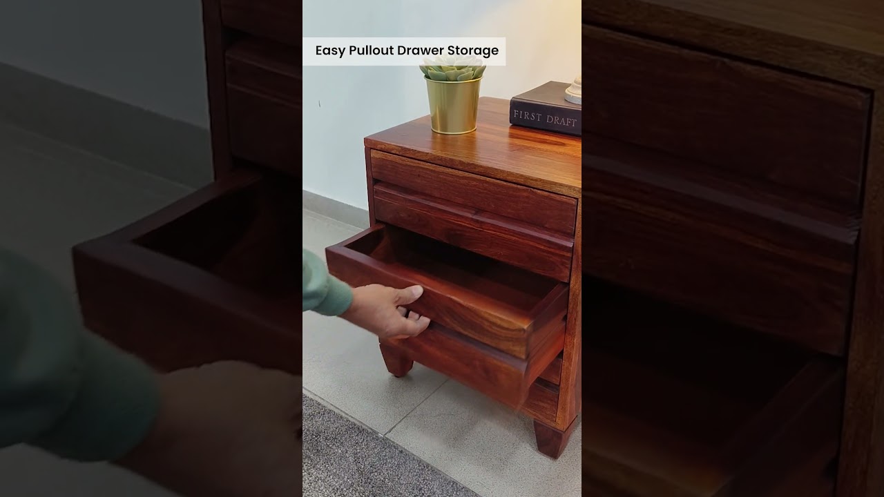 Rezzan Sheesham Wood Bedside Table in Scratch Resistant Honey Oak Finish With Drawers