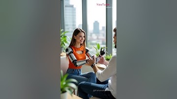 Humanoïde meisje met robotarmen communiceert met collega op stijlvol kantoor 🤖🧡🌿