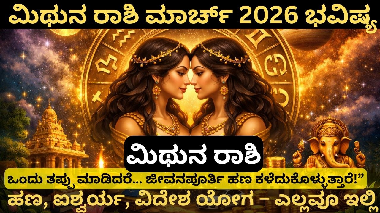 ಮಿಥುನ ರಾಶಿ ಮಾರ್ಚ್ 2026 ಫಲಗಳು | ಹಣ, ಉದ್ಯೋಗ, ಪ್ರೀತಿ, ಆರೋಗ್ಯ Money, Career, Love & Health Predictions