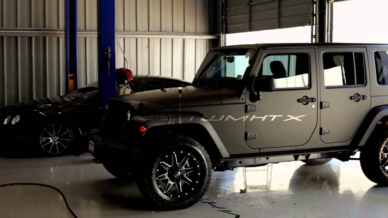 Jeep Wrangler Unlimited Wrapped Matte Black with Fuel Wheels - YouTube