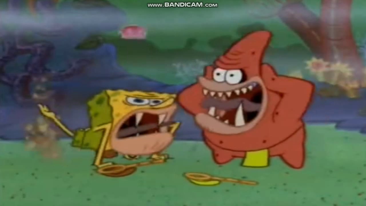 Calamardo es acorralado por Bob y Patricio en la prehistoria Bob