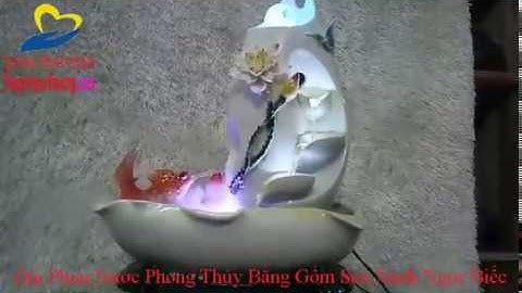 Đài Phun Nước Phong Thủy Bằng Gốm Sen Xanh Ngọc Biếc