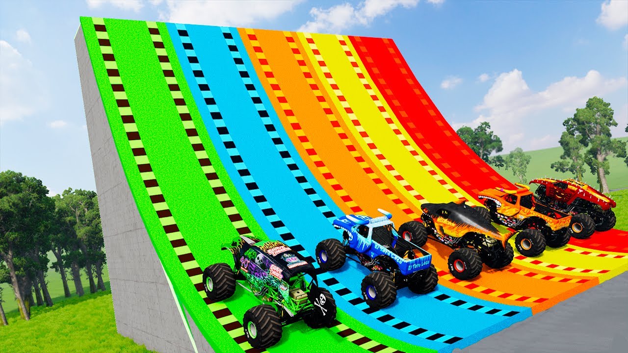 Grave Digger and MONSTER TRUCKS  From COLORFUL RAMPS - BeamNG Monster Truck Crashes