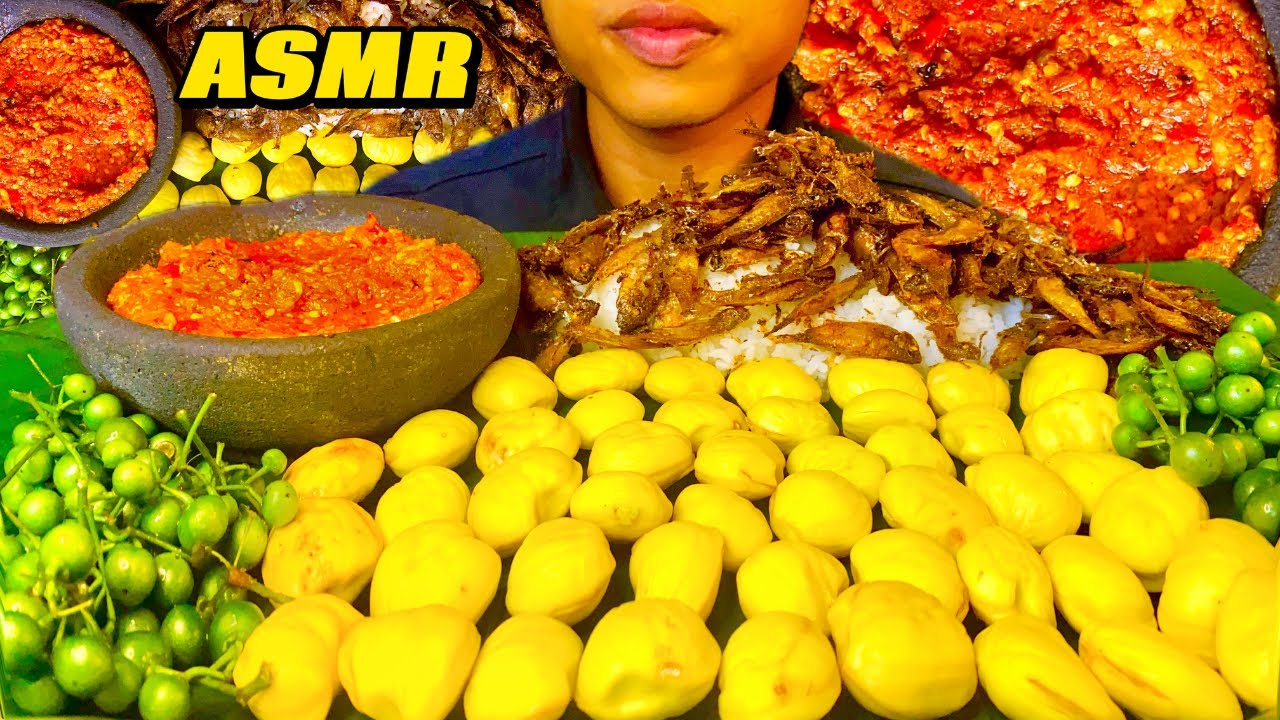 ASMR YOUNG STINK BEANS (JENGKOL), CRISPY WADER FISH, LEUNCA, AND SPICY SAMBAL | INDONESIAN MUKBANG