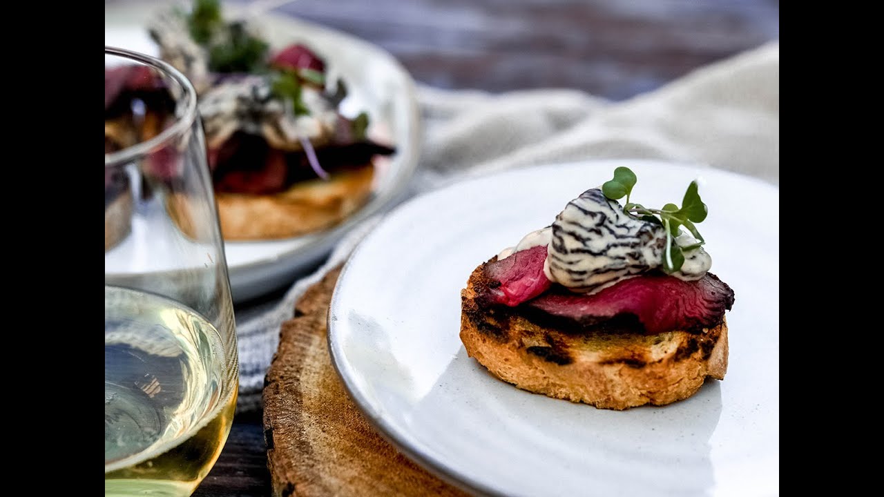 Elk Ribeye Toasts with Whisky-Morel Mushroom Sauce