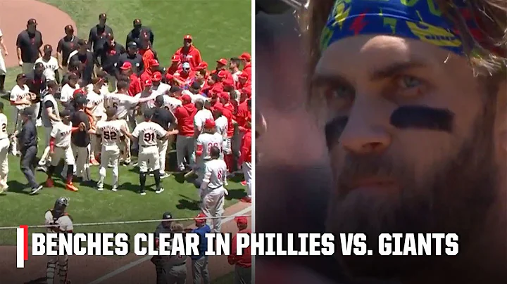 BENCHES CLEAR in Phillies vs. Giants after Kyle Harrison clipped Bryce Harper twice 😳 | ESPN MLB