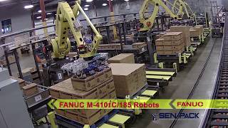 Robotic System Uses Three FANUC Palletizing Robots to Service Nine Production Lines  SenPack