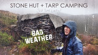 Wind &amp; Rain Camping in Tiny Stone Hut with Tarp for Roof.. Attempt #3