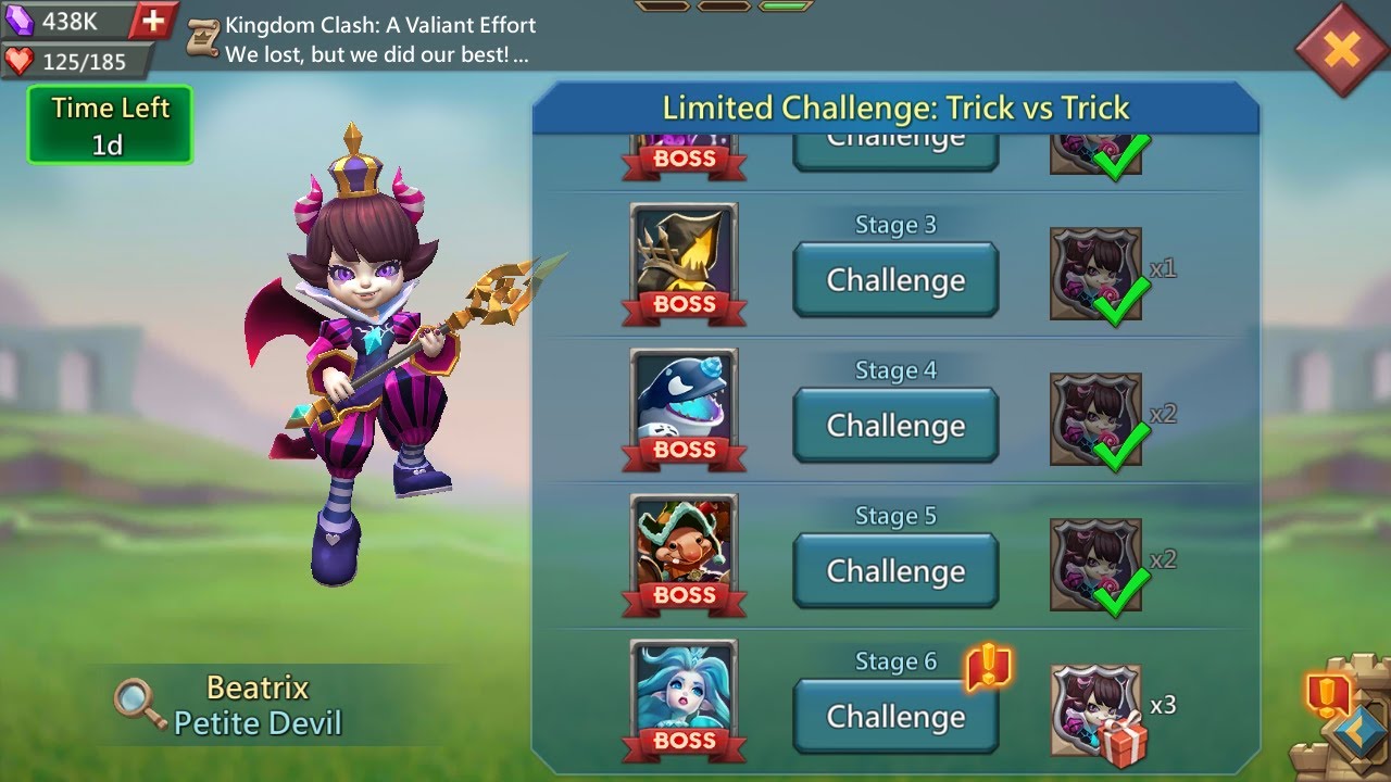 Lords mobile limited Challenge: trick vs trick | Petite Devil stage 6 | Beatrix stage 6 |