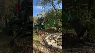 John Deere 1025R 260B Backhoe, Penny Digging Out Honeyle Stumps Stump Removal