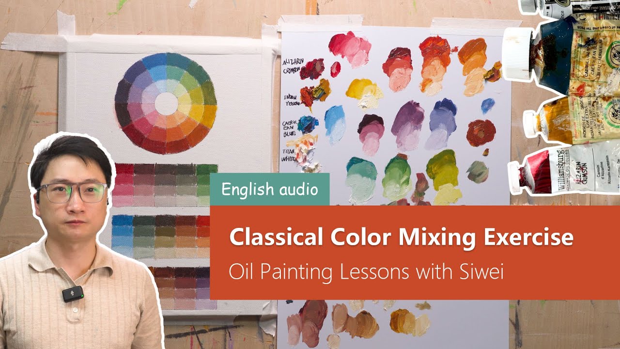 Classical Oil Painting Color Mixing Exercise, Indian Yellow, Alizarin Crimson, and Cerulean Blue.