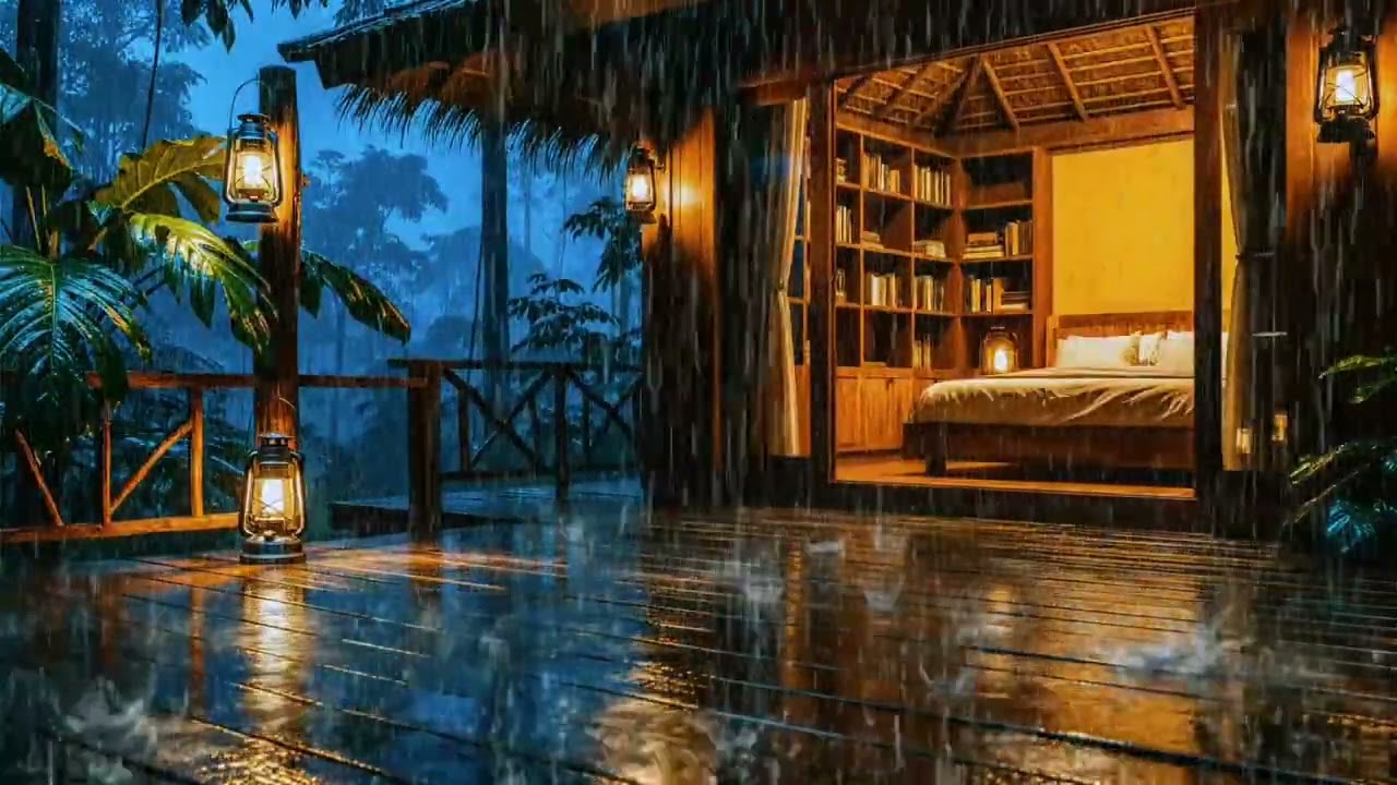 Rainy Night at a Cozy Tropical Cabin 🌧️🏮 Relaxing Jungle Rain for Sleep