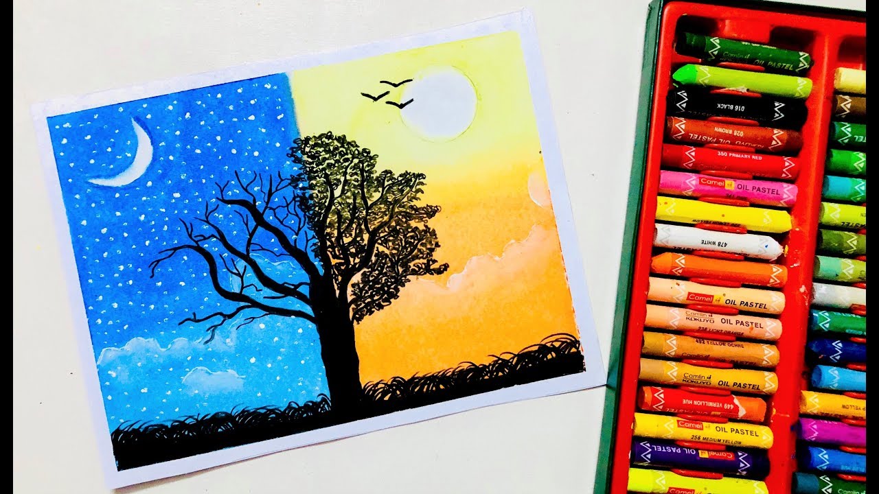 Day and Night Drawing for Beginners with Oil Pastels - YouTube Day and Night Drawing for Beginners with Oil Pastels - YouTube