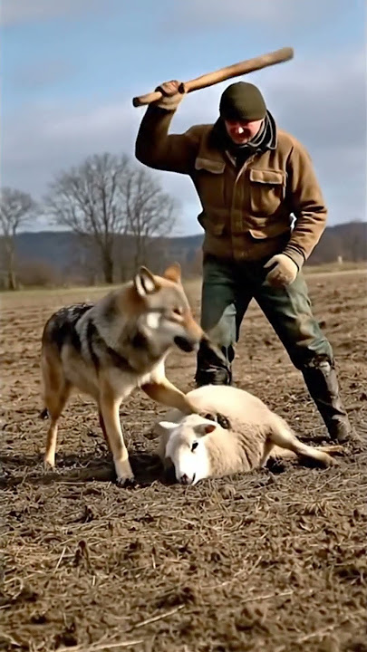 Incredible moment brave farmer saves sheep from wolf attack #wolf #farmer