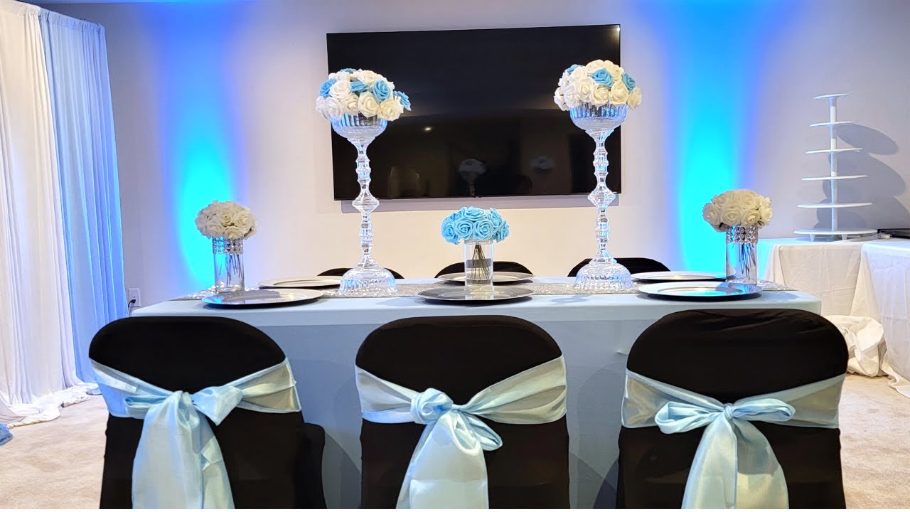 DIY BLUE, SILVER, WHITE & BLACK TABLE SETTING / CHEAP EASY WEDDING  DECORATIONS, BIRTHDAY DECORATIONS 