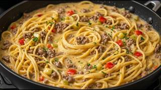 So delicious, you can't stop! Pasta with ground beef in a creamy sauce!