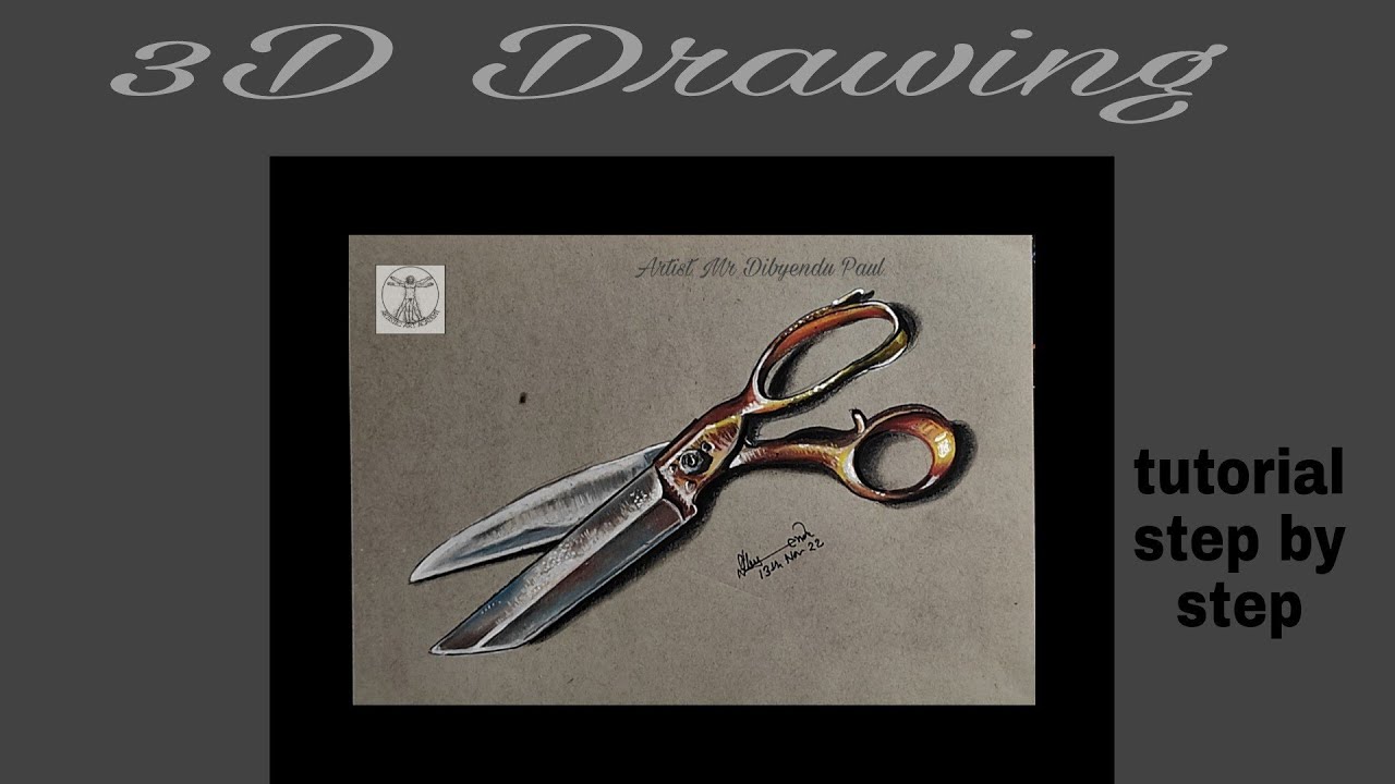 How to Draw 3D Scissor/ Easy Realistic Drawing Caesar tutorial and step by step/by  color pencil