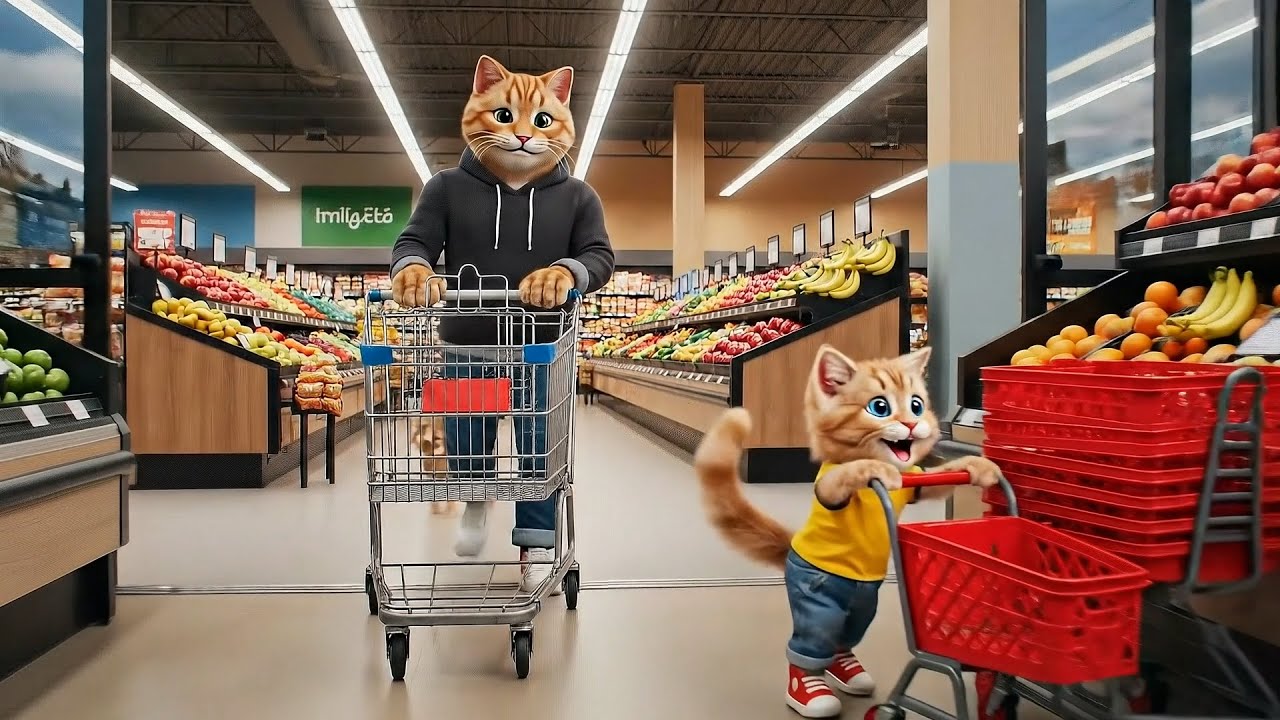 Orange Cat Scully Takes Tiny Kitten Edgar Grocery Shopping 😹🐾 (It Doesn’t Go Well!