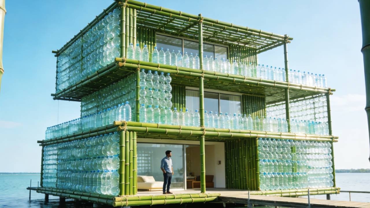 A man built a three-story floating mansion using 10,000 bamboo poles and mineral water bottles.