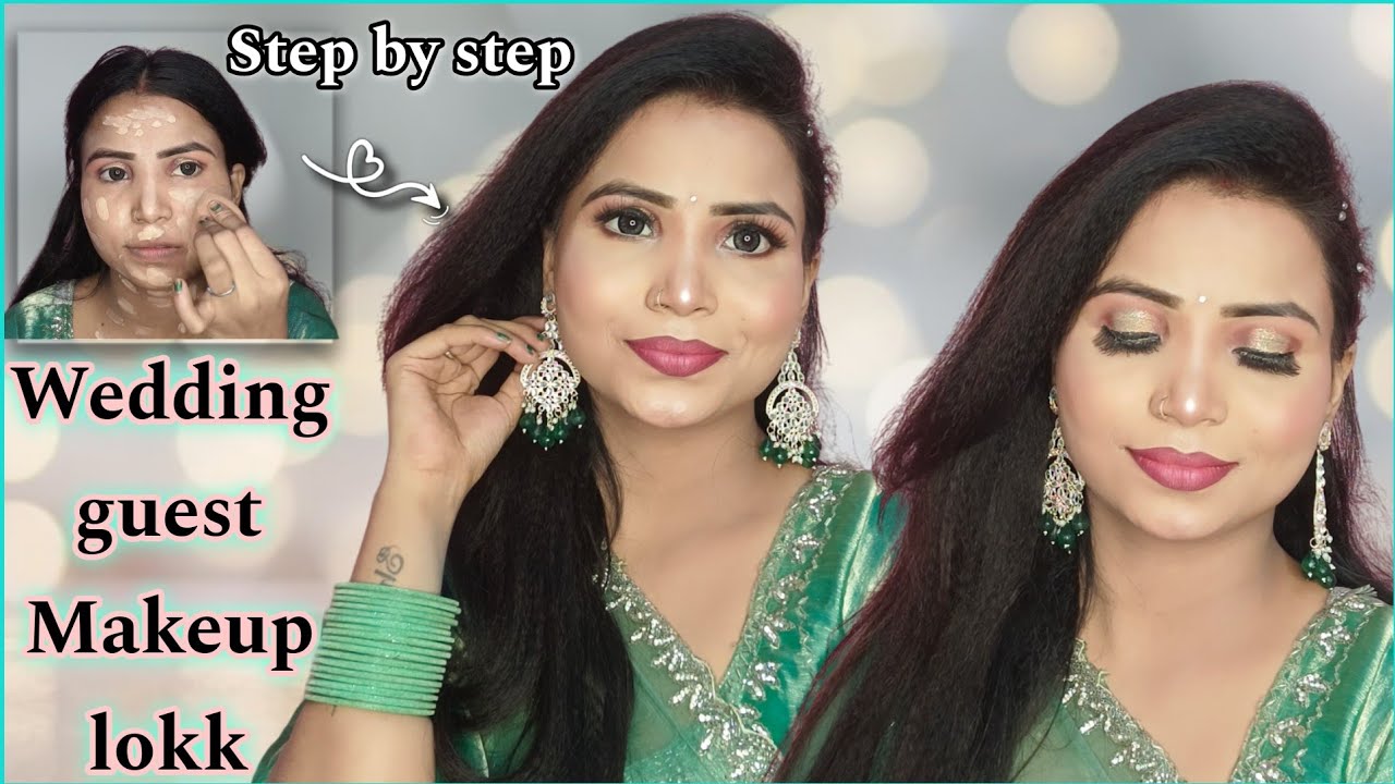Wedding guest makeup💄 l step by step party makeup at home l Green saree ...