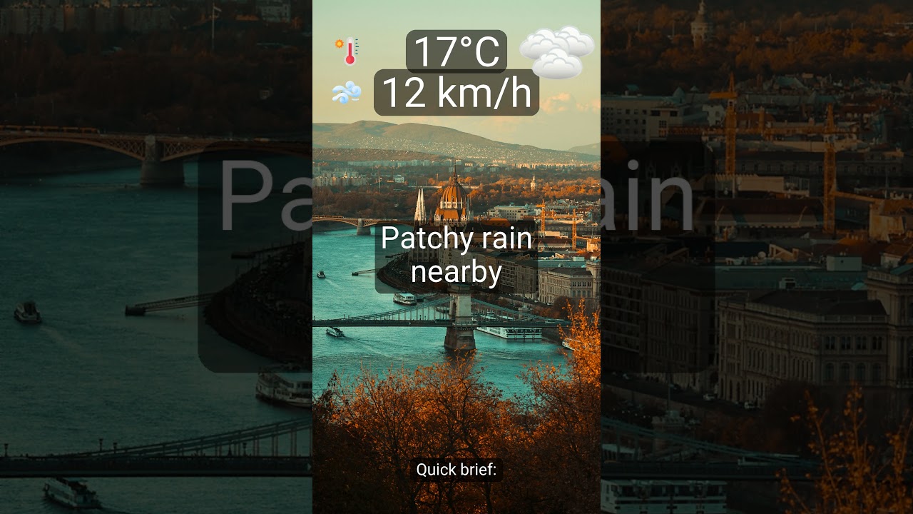 What’s the weather in Budapest? Patchy rain nearby, 17°C, wind 12 km/h