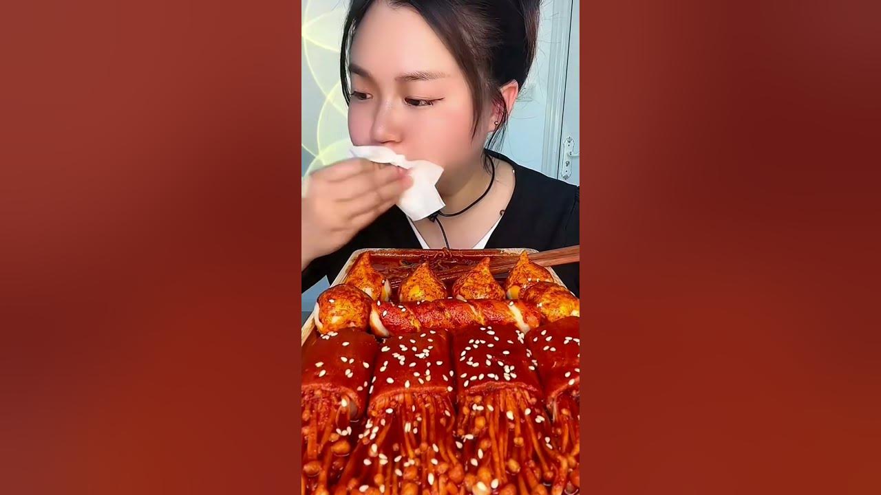 Asmr, Eating Enoki Mushroom With Noodles Garlic Meatballs Flavor Spicy Yummy, Mukbang