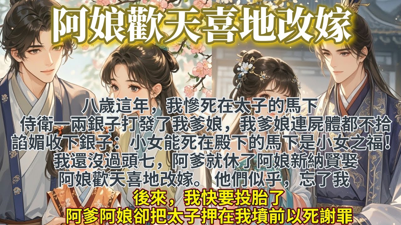 八歲這年，我慘死在太子的馬下。我爹娘連屍體都不拾，諂媚收下侍衛的銀子，我還沒過頭七，阿爹就休了阿娘新納賢娶。阿娘歡天喜地改嫁。他們似乎忘了我。後來，我快要投胎了，阿爹阿娘卻把太子押在我墳前以死謝罪