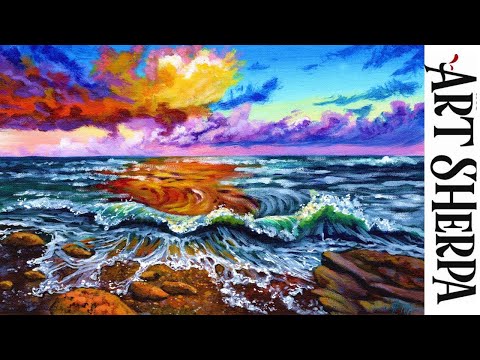 OCEAN SUNSET WAVES Beginners Learn to paint Acrylic Tutorial Step by Step