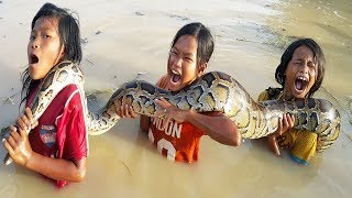Terrifying Brave Boys Catch Big Water Snake And Fish Using Gill Net - Gill Net Fishing In Cambodia