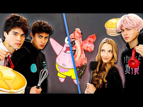 PANCAKE ART CHALLENGE SpongeBob Edition | Alan Stokes & Andrew Davila vs Lexi Rivera & Alex Stokes