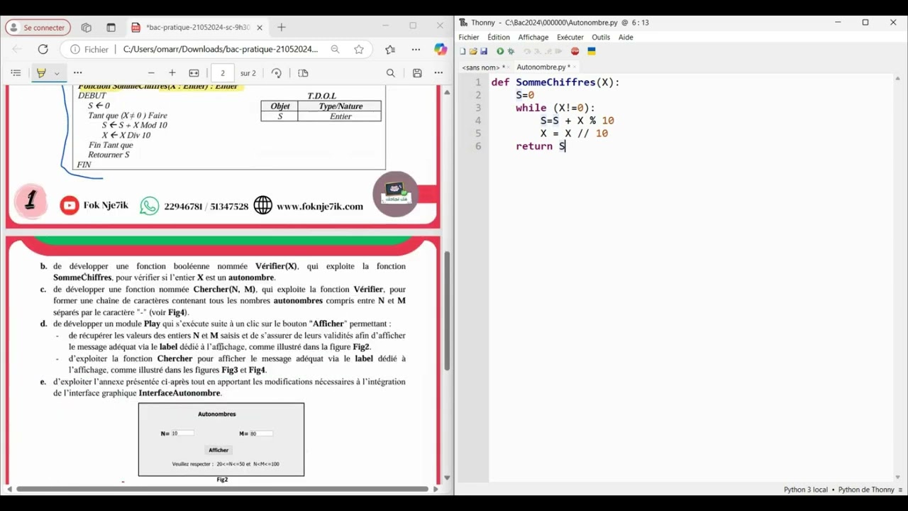 Correction bac pratique informatique 2024 (bac Scientifique) : Autonombres