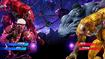 Red Venom & Evil Ryu vs Grey Hulk & Yellow Venom (Very Hard) - Marvel vs Capcom | 4K UHD Gameplay