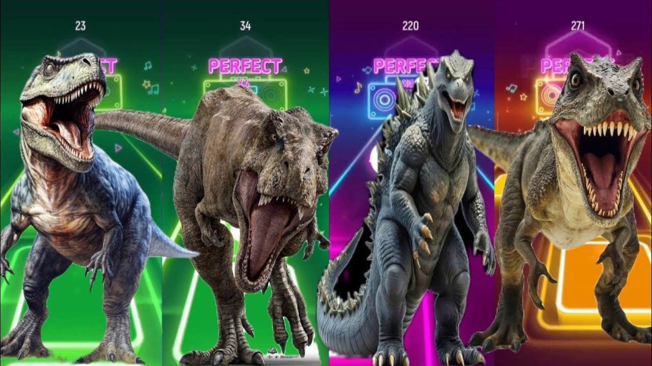 T-Rex vs Alpha Dinosaurs vs Godzilla | Perfect Tiles Hop Battle