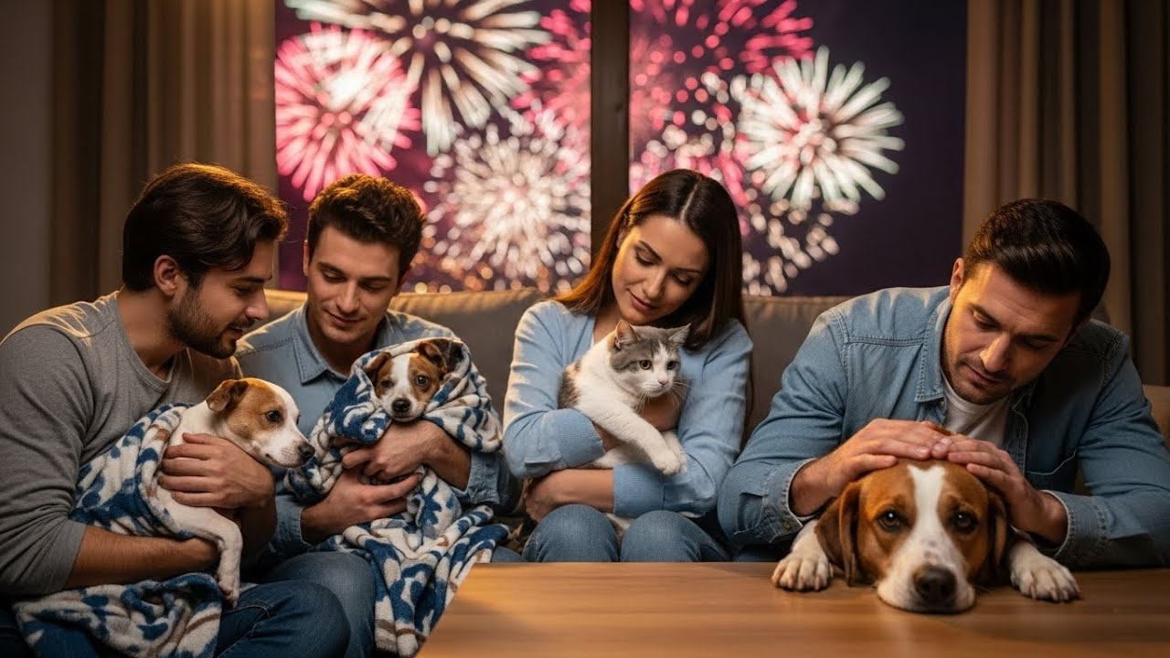 Owners Comforting Their Scared Pets During Fireworks