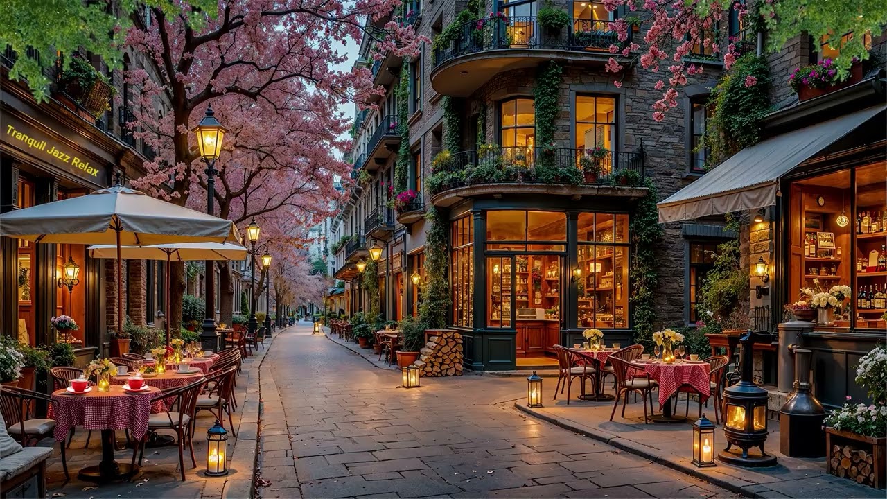 Cozy Outdoor Coffee Shop on a Quiet Spring Street ☕ Warm Piano Jazz Music for Work, Study
